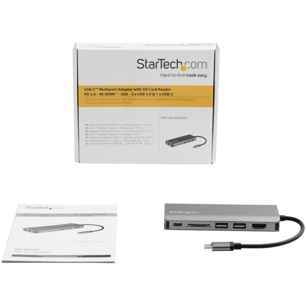 StarTech.com USB C Multiport Adapter mit 4K HDMI - USB-C Reisedock mit 4K HDMI, 3x USB 3.0 Hub, SD/SDHC Kartenleser, GbE, 60W PD 3.0 Pass-Through - USB-C/Thunderbolt 3 Reise-/Minidock - Image 5