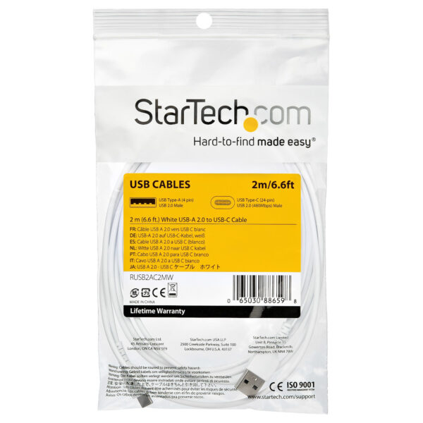 StarTech.com 2m USB-A zu USB-C-Schnellladekabel, Laden und Synchronisieren, 3A, USB 2.0, Weiße TPE-Ummantelung und Aramidfaser - Robustes USB Ladekabel - Image 6