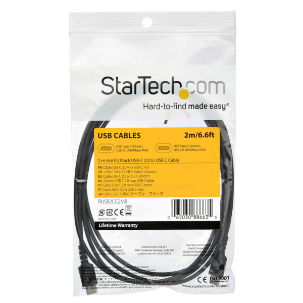 StarTech.com 2m USB-C Ladekabel - Langlebiges USB 2.0 Typ C zu USB C Datenübertragungs-/Schnellladekabel - TPE Mantel Aramidfaser M/M 60W Schwarz - Samsung S10 S20 iPad Pro MS Surface - Image 4