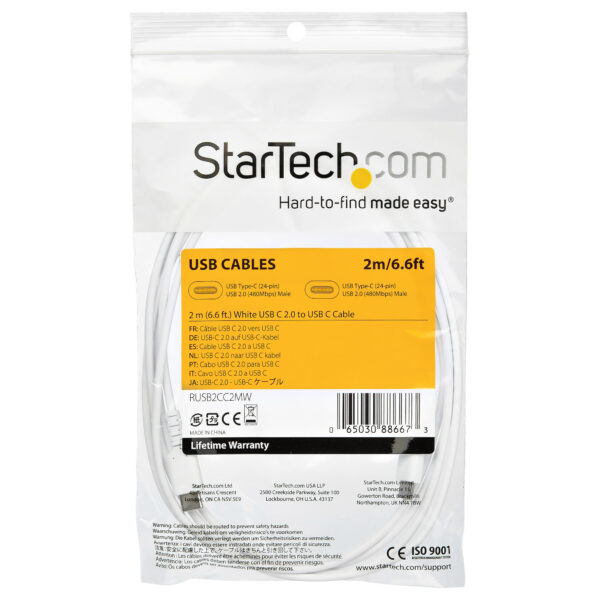 StarTech.com 2m USB-C Ladekabel - Langlebiges USB 2.0 Typ C zu USB C Datenübertragungs-/Schnellladekabel - TPE Mantel Aramidfaser M/M 60W Weiß - Samsung S10 S20 iPad Pro MS Surface - Image 5