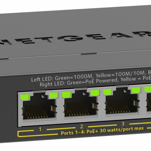 NETGEAR GS305EP Switch 5 Port Gigabit Ethernet LAN PoE Switch Plus (mit 4x PoE+ 63W, Managed Netzwerk Switch mit IGMP Snooping, QoS, VLAN, lüfterloses Metallgehäuse)