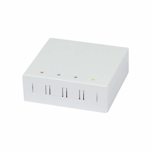 FTTH Wandgehäuse, für 4 Kupplungen SC-S oder LC-D 80×80 mit Kabelführung, DIN-Rail/Wand, Schrumpf, Synergy 21