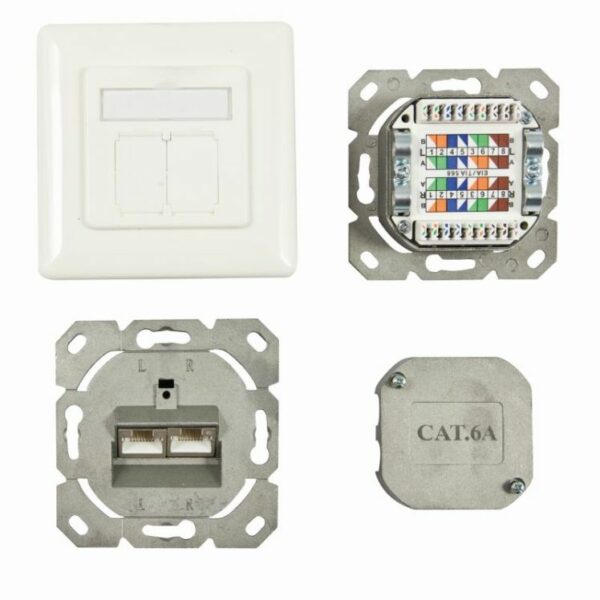 Dosen TP, UP, 2-fach, CAT6A, 500Mhz, Reinweiss, LSA, Synergy 21, waagrechter hinterer Kabeleingang