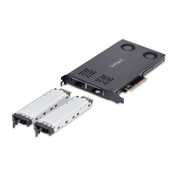 StarTech.com Dual-Bay M.2 NVMe Wechselrahmen, M.2 SSD zu PCIe x8 Hot-Swap Adapter; PCI Express Bifurcation nötig; Werkzeugloser Einbau, M2 SSD NVMe Adapterkarte für 2x M.2 SSDs - Image 2