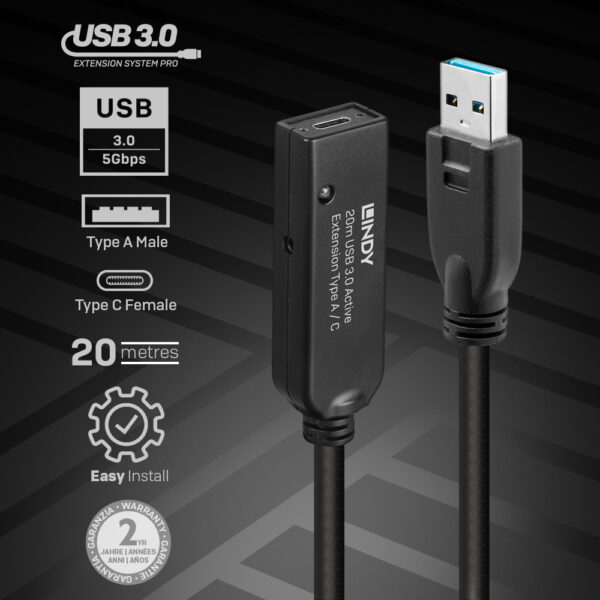 Lindy 43375 USB Kabel USB 3.2 Gen 1 (3.1 Gen 1) 20 m USB A Schwarz - Image 4