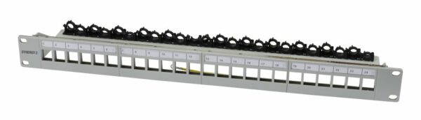 Patch Panel 24xTP,CAT6A, incl.Keystone 19", 1HE(t 94mm) mit Kabelklemme, Lichtgrau, Synergy 21,