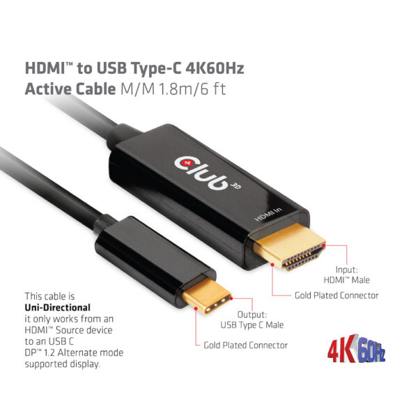 CLUB3D HDMI to USB Type-C 4K60Hz Active Cable M/M 1.8m/6 ft - Image 4