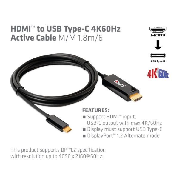 CLUB3D HDMI to USB Type-C 4K60Hz Active Cable M/M 1.8m/6 ft - Image 2