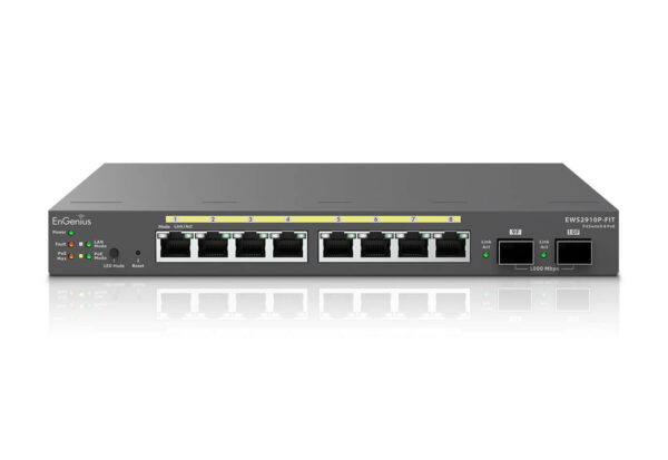 EnGenius Switch full managed Layer 2+ 10 Port &bull 8x 1 GbE &bull PoE Budget 110W &bull 8x PoE at &bull 2x SFP &bull Desktop-Switch &bull Lüfterlos &bull EWS2910FP-FIT &bull FitCon/FitXpress