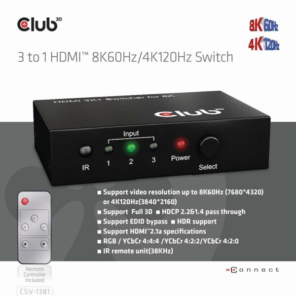 CLUB3D HDMI™ 3 auf 1 Umschalter 8K60Hz/4K120Hz Umschalter - Image 2