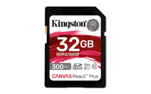 Kingston Technology 32GB Canvas React Plus SDHC UHS-II 300R/260W U3 V90 for Full HD/4K/8K