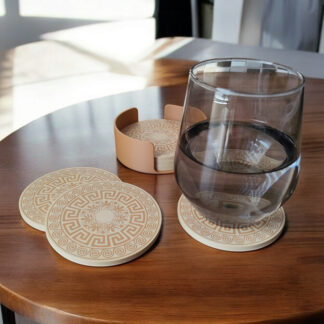 Griechisches Untersetzer-Set – 3D gedruckt, Ø 85 mm × H 5 mm, 6er-Set mit Halter