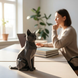 Sculpture#46 – sitzende, elegante Low-Poly-Katze, 3D gedruckt (28 x 72 x 75 mm)