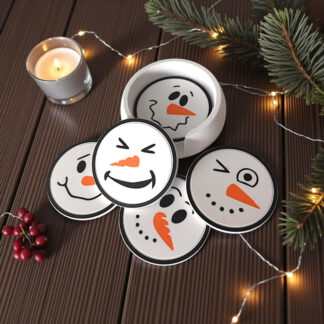 Lustige Schneemann-Untersetzer (sechs Motive) mit Halter – 3D gedruckt – 90 x 90 x 4 mm