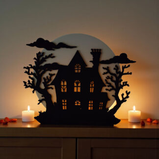 Spooky Halloween Hill House mit LED-Teelichthalter, 244 x 199 x 3 mm – 3D gedruckt