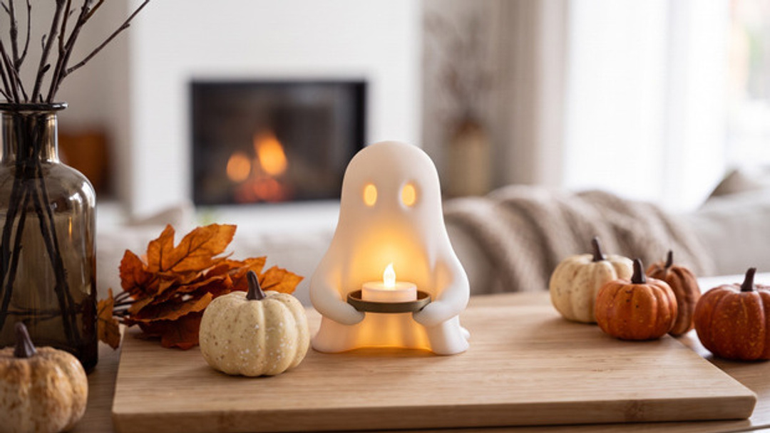 Halloween-Geist mit LED-Teelicht-Ablage, 3D gedruckt — 104 x 114 x 121 mm Halloween-Geist mit LED-Teelicht-Ablage, 3D gedruckt — 104 x 114 x 121 mm