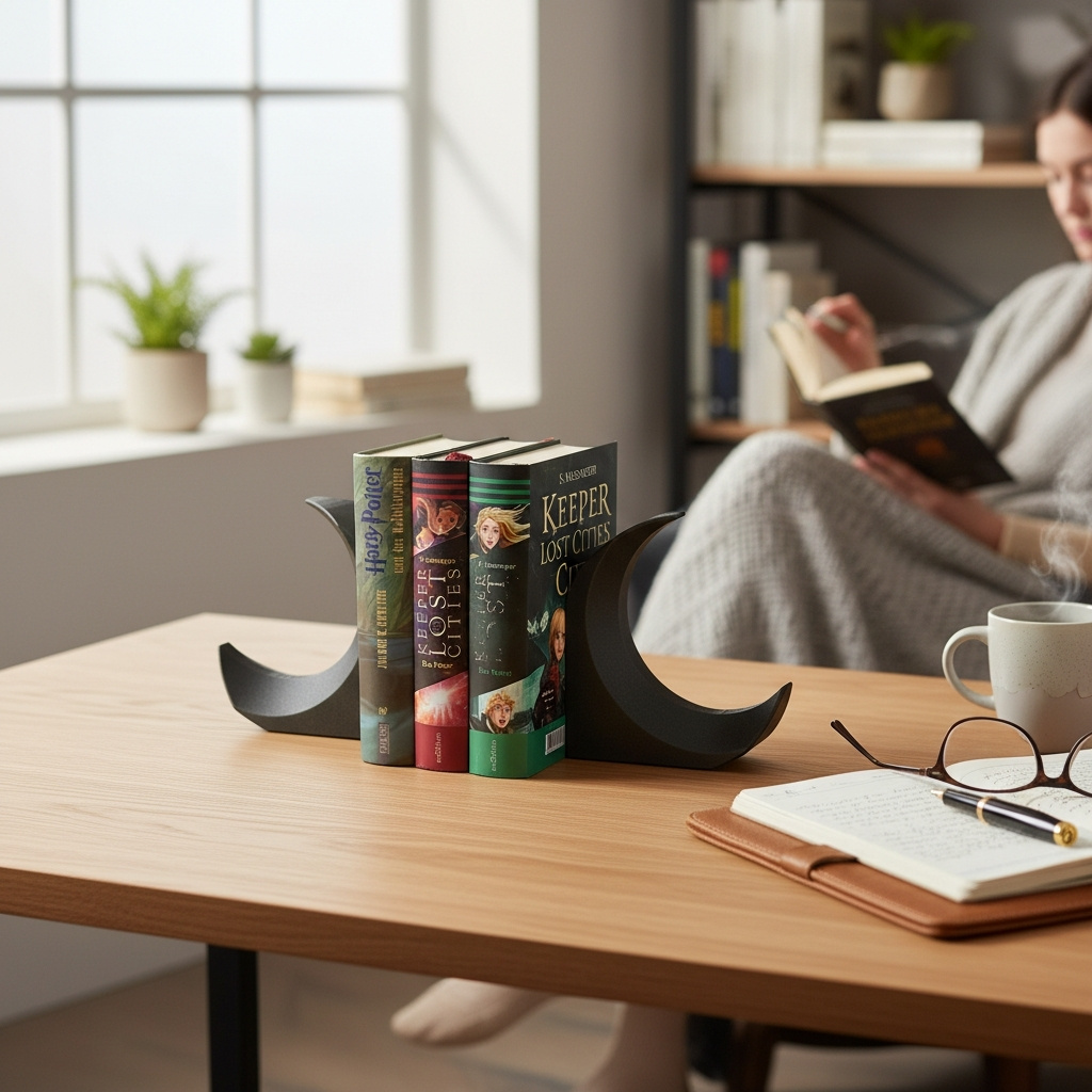 3D gedruckt: Minimalistische Halbmond-Buchstützen (Paar) – 170 x 72 x 176 mm – Bild 4