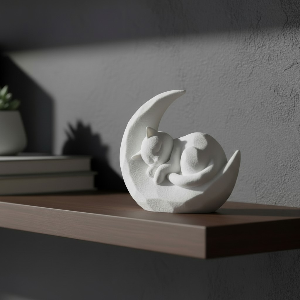 Skulptur #55 – Schlafendes Kätzchen auf Mondsichel, 3D gedruckt (64 x 30 x 57 mm) – Bild 2