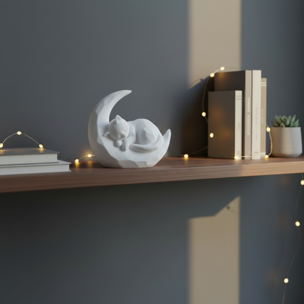 Skulptur #55 – Schlafendes Kätzchen auf Mondsichel, 3D gedruckt (64 x 30 x 57 mm) – Bild 3