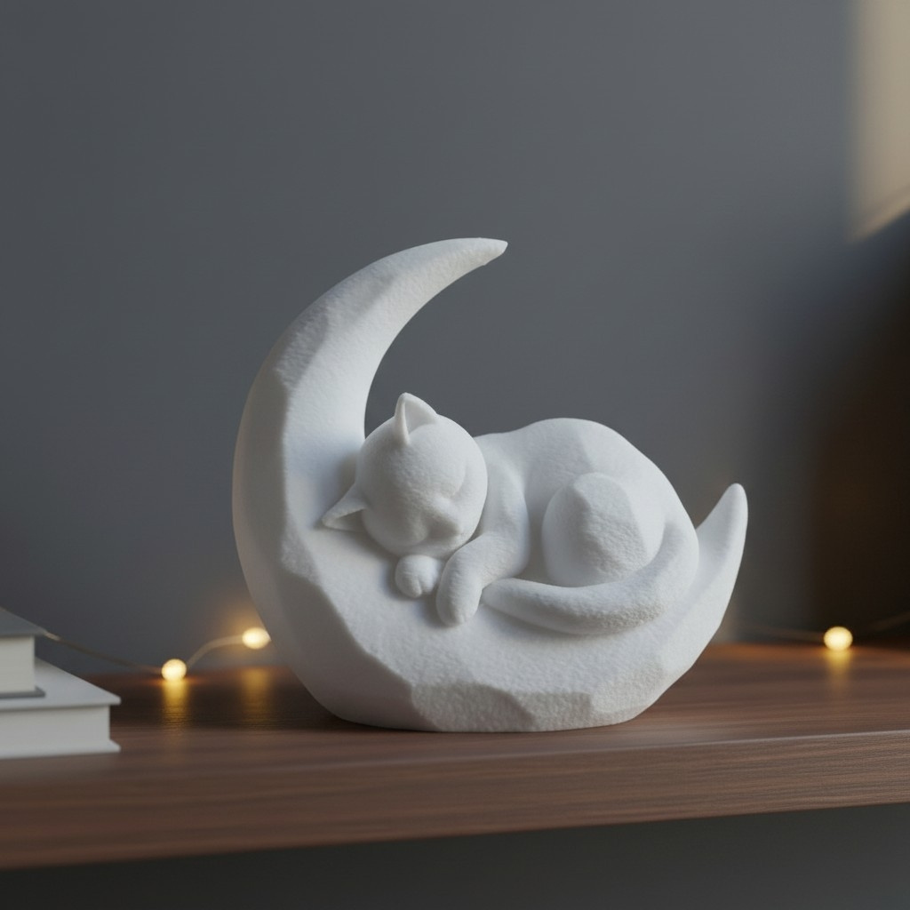 Skulptur #55 – Schlafendes Kätzchen auf Mondsichel, 3D gedruckt (64 x 30 x 57 mm) – Bild 4