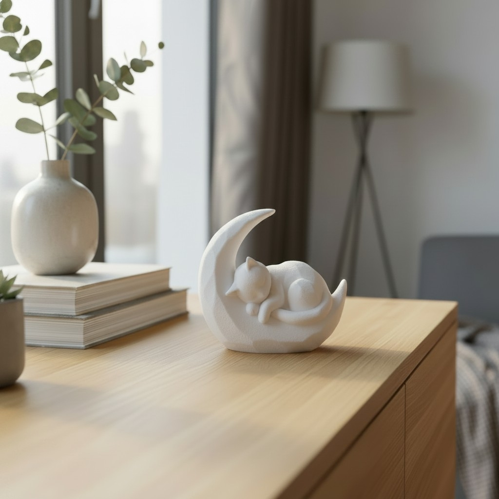 Skulptur #55 – Schlafendes Kätzchen auf Mondsichel, 3D gedruckt (64 x 30 x 57 mm) – Bild 5